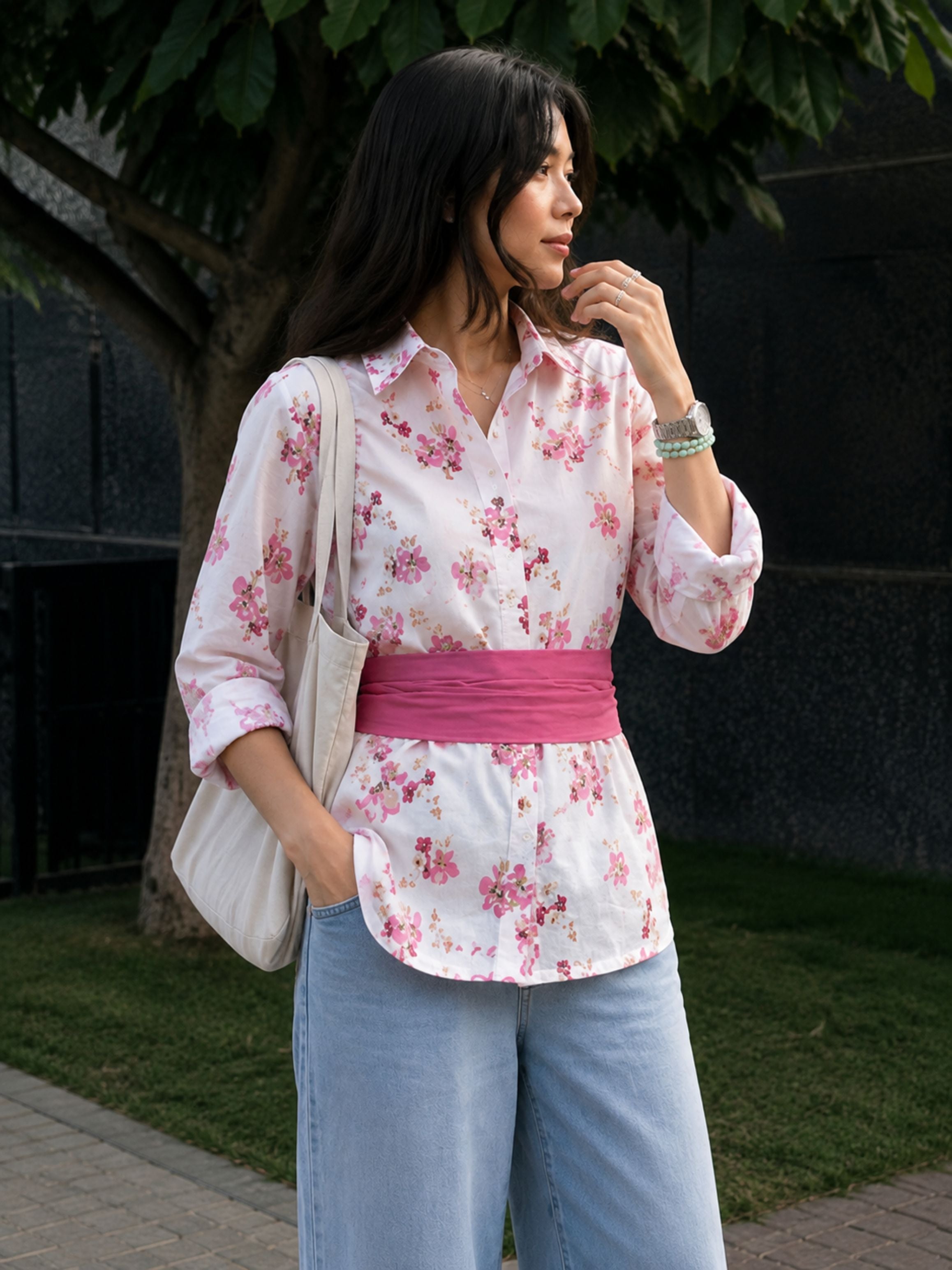 Mauve Pink Cotton Floral Shirt With Bow